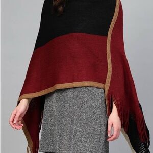 Black and Red Fringe SHEIN Poncho